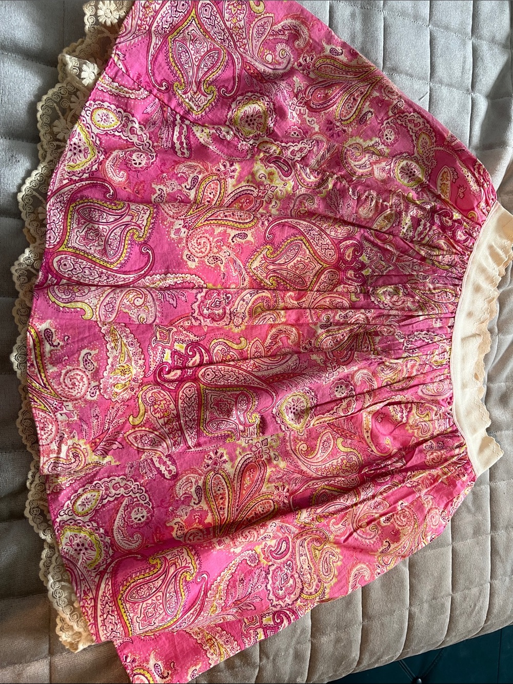 Pink Paisley Circle Skirt with Cream Lace Trim